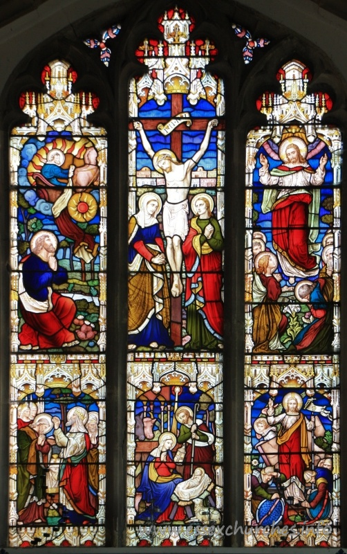 All Saints, Barling Church – Glass - 5 sections show Christ's Life === His nativity; His trial before Caiaphas; His crucifixion; His resurrection; His Ascension. === The remaining section shows Elisha, the servant, watching Elijah, his master, ascending by chariot into heaven.