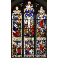 All Saints, Barling Church – Stained Glass 1: Glass - 5 sections show Christ's Life === His nativity; His trial before Caiaphas; His crucifixion; His resurrection; His Ascension. === The remaining section shows Elisha, the servant, watching Elijah, his master, ascending by chariot into heaven.