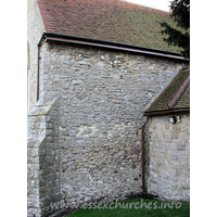 St Mary & All Saints, Great Stambridge Church – Exterior 2: In the N wall of both the chancel and nave are indications of blocked round headed windows. The wall itself is too thin to be Norman work.