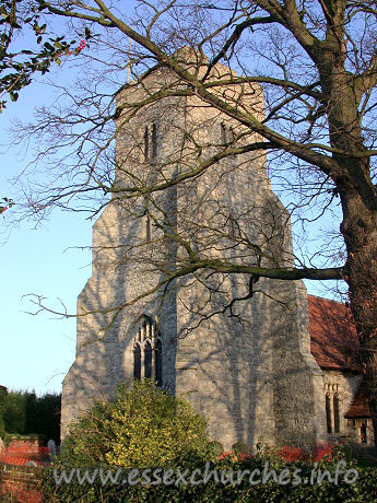 St Peter, Paglesham Church – 15th Century embattled West tower with diagonal buttresses.