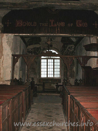 St Mary, Mundon Church – Looking East, towards the chancel. This is perhaps one of the most encompassing views of this church. The dimly lit interior really does give one a feeling of having stepped back in time.