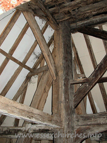 St Mary, Mundon Church – Detail of the woodwork supporting the upper tower and belfry.