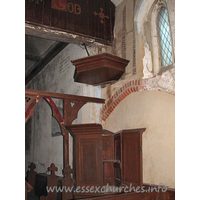St Mary, Mundon Church – Miscellaneous 9: The pulpit, directly in front of the blocked early C16 archway that would have once lead into the S chapel.