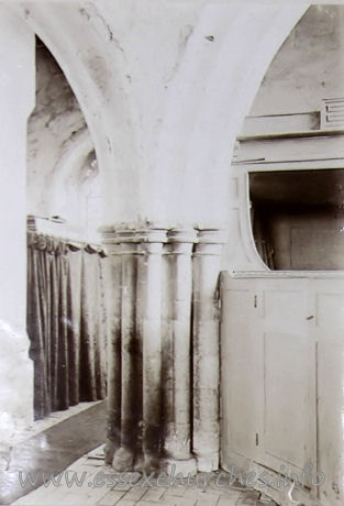 St Peter & St Paul, St Osyth Church – St. Clere's Pew at end of South Aisle Presented by Kathleen Norman, in loving memory of her father, Arthur Norman, who took the photographs before the last restoration - in 1900. From a photo on display in the church.