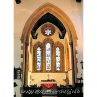 St Mary, Langdon Hills New Church – Interior 1: Above the lancet windows in the chancel, at either side, can be seen two angels. There are, in fact, eight angels in the chancel, and eight in the nave. This image was supplied by Ken Porter.