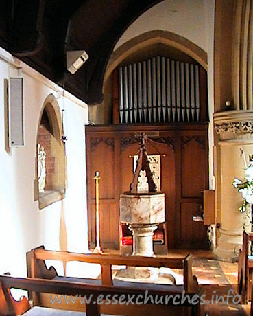 St Mary, Langdon Hills New Church – The font now stands in the Lady Chapel. The unusual wooden lid is dedicated to Thomas Monk who was a church warden. ‘In memory of Thomas Monk who fell asleep, Feb 22nd 1919’ This image and supporting text was supplied by Ken Porter.