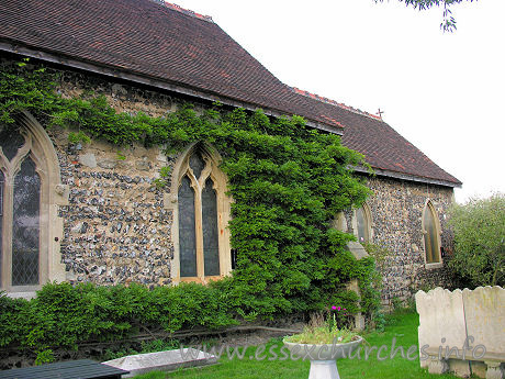 St James, West Tilbury Church – The S side of the church. Nigel, the new owner of St James', told me that this plant covering the wall is wisteria. It must look lovely with it's cascading lilac blooms.