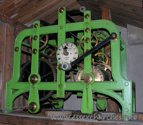 St James, West Tilbury Church – The clock workings, by John Moore & Sons, Clerkenwell, London. 1883. The brass wheel to the lower right appears to be dated 1884.