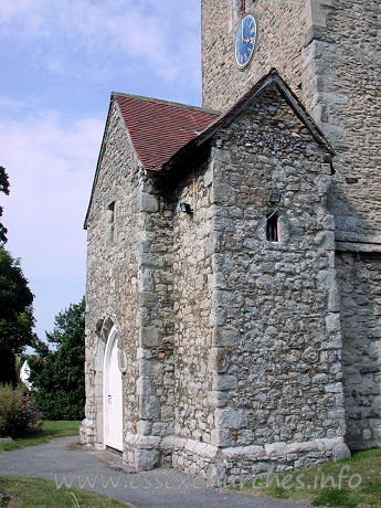 St Nicholas, Great Wakering Church – From Pevsner: "The most singular feature of this church is the two-storeyed C15 W porch added to the Norman W tower. This is an Early Saxon motif, and one wonders what can have been the reason for introducing it here? Older foundations, or simply some obstacle in the way of a two-storeyed S porch?"