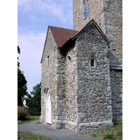 St Nicholas, Great Wakering Church – Exterior 4: From Pevsner: "The most singular feature of this church is the two-storeyed C15 W porch added to the Norman W tower. This is an Early Saxon motif, and one wonders what can have been the reason for introducing it here? Older foundations, or simply some obstacle in the way of a two-storeyed S porch?"