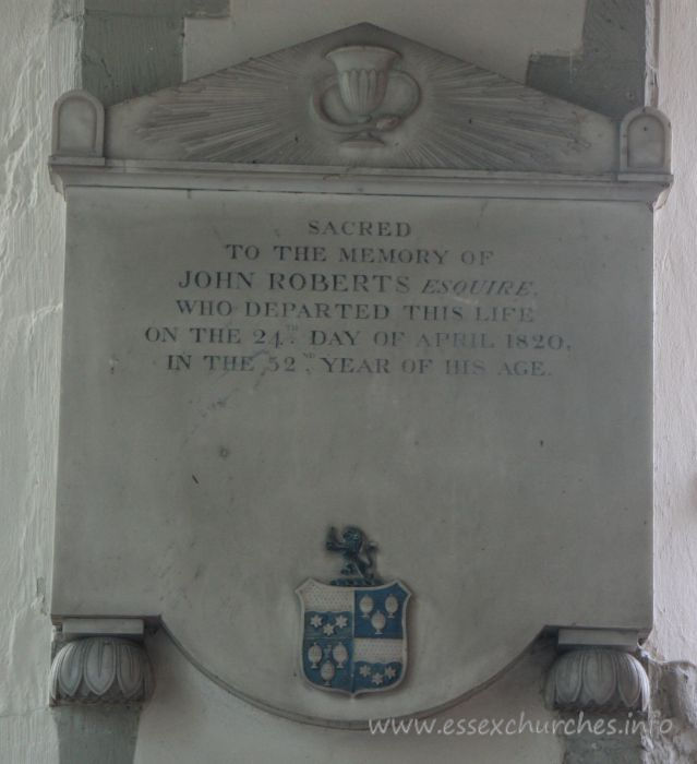 St Nicholas, Great Wakering Church – Sacred to the memory of John Roberts Esquire, who departed this life on the 24th day of April 1820, in the 52nd year of his age.