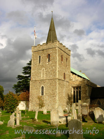 St Mary the Virgin, Great Bardfield Church – From the church's guide - "...the interior of the Church became so damp that in 1990 it was decided to excavate a dry area around the perimeter. During these excavations, a lower foundation was revealed, which according to the County Archaeology Department suggests that the original tower foundations were badly laid and misaligned and that this was only corrected when the tower structure was actually built in the 12th century..."