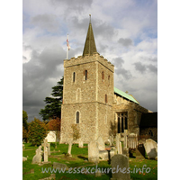 St Mary the Virgin, Great Bardfield Church – Exterior 4: From the church's guide - "...the interior of the Church became so damp that in 1990 it was decided to excavate a dry area around the perimeter. During these excavations, a lower foundation was revealed, which according to the County Archaeology Department suggests that the original tower foundations were badly laid and misaligned and that this was only corrected when the tower structure was actually built in the 12th century..."