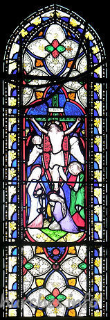 St Mary the Virgin, Great Bardfield Church – West wall lancet. Christ on the Cross, supported by two angels. Figures at foot of cross alleged to be of the Virgin Mary, Mary Magdalene and St. John - from church guide.