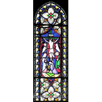 St Mary the Virgin, Great Bardfield Church – Stained Glass 2: West wall lancet. Christ on the Cross, supported by two angels. Figures at foot of cross alleged to be of the Virgin Mary, Mary Magdalene and St. John - from church guide.