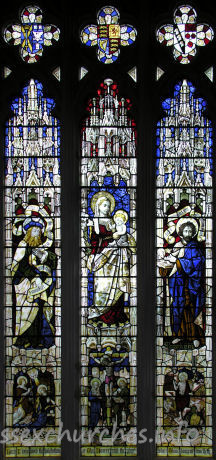 St Mary the Virgin, Great Bardfield Church – S chapel - easternmost window of S wall, showing the Incarnation Shows the Blessed Virgin Mary with Isaiah and St John the Baptist. The quatrefoils show Arms of the Diocese, Royal Arms and Lampet Arms quartered with Sparrow Arms.