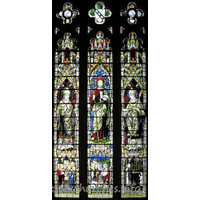 St Mary the Virgin, Great Bardfield Church – Stained Glass 6: S chapel - W wall, represnting The Good Shepherd with St Cedd & St Aidan.