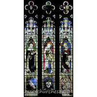 St Mary the Virgin, Great Bardfield Church – Stained Glass 7: N aisle - W wall, representing "The Three Famous Mothers" - St Monica, St Anne and St Helena. The memorial inscription reads "Rose Helen Kirwan widow of the late Reverend Richard Kirwan and daughter of the late B E Lampet".