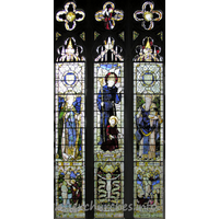 St Mary the Virgin, Great Bardfield Church – Stained Glass 8: N aisle, representing the Three Great Teachers of the Blessed Trinity. St Patrick, St Augustine of Hippo and St Athanasius.