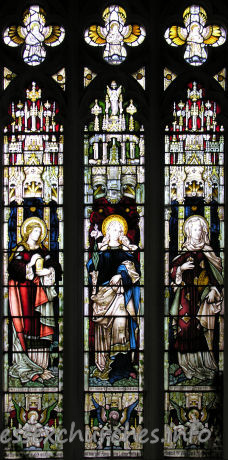 St Mary the Virgin, Great Bardfield Church – N aisle, W window, representing the Three Marys. Mary Magdalene, Mary mother of Jesus and Mary, mother of Cleophas. In memory of Amy Julia Lampet, died aged 26 in 1876.