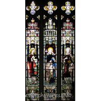 St Mary the Virgin, Great Bardfield Church – Stained Glass 10: N aisle, W window, representing the Three Marys. Mary Magdalene, Mary mother of Jesus and Mary, mother of Cleophas. In memory of Amy Julia Lampet, died aged 26 in 1876.