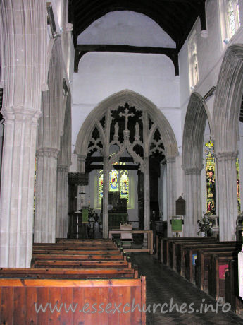 St Mary the Virgin, Great Bardfield Church – Looking E inside the church, the chief treasure can clearly be seen.