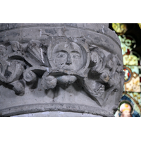 St John the Baptist, Mucking Church – Miscellaneous 2: Circular pier in the S aisle arcade, with stiff-leaf capital. Two faces appear - one facing north, the other south-west. This one - north facing, is a green man.