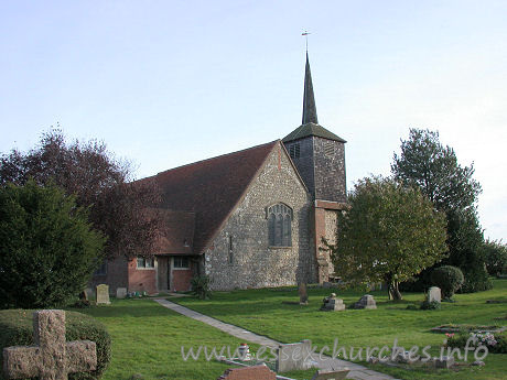 St Laurence & All Saints, Eastwood Church – The west window glass is modern, dating from 1978, and depicts the life of Samuel Purchas (vicar 1604-1614).