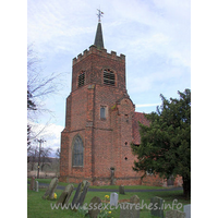 St Michael, Theydon Mount Church – Exterior 3: The W tower has diagonal buttresses and battlements, and low spire. The W window has intersected tracery. The tower has a Dutch style staircase.