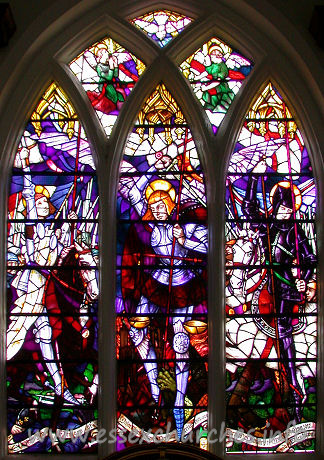 St Michael, Theydon Mount Church – The East window, depicting St Michael's war in heaven against Lucifer, the rebel Archangel - afterwards called Satan, was given in memory of Major Charles Hunter and his wife. It has recently been restored, to prevent damage due to bending lead fittings.