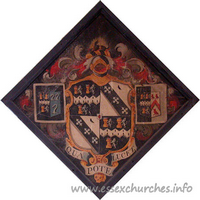 St Michael, Theydon Mount Church – Hatchment 2: This is the hatchment created for the funeral of Sir Edward Smyth d.1744, 3rd Bt. Survived by his second wife, as depicted by the right-hand shield.