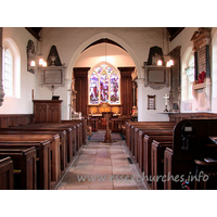 St Michael, Theydon Mount Church – Interior 1: The full view East from the back of the church. The feeling one gets from walking into this church is incredible. Its array of monuments is immense, and gives a great sense of completeness.