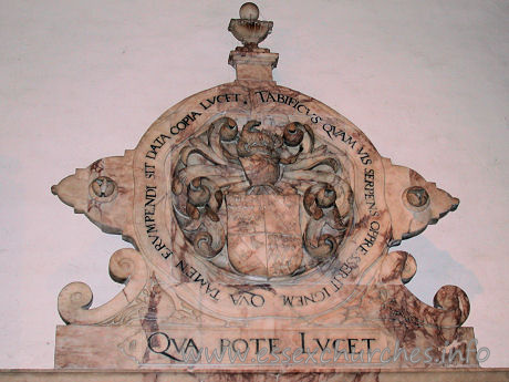 St Michael, Theydon Mount Church – This second image of the panelled altar tomb of Sir Thomas Smith shows his Achievement at the top of the tomb.