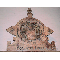 St Michael, Theydon Mount Church – Monument 2: This second image of the panelled altar tomb of Sir Thomas Smith shows his Achievement at the top of the tomb.