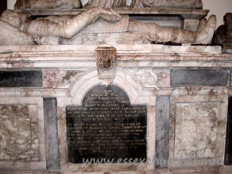 St Michael, Theydon Mount Church – Monument to Sir William Smith d.1631, son of Sir William Smith who built the church. He survived his father by just five years. Here lyeth the body of Sr William Smith Knight sonne of Sr William Smith of Theydon Mount in the Countie of Essex wher after manie sweet expressions of his confidence in the mercies of his Saviour in the two and thirtieth yeare of his age peaceably slept in our Lord Jesus He had two wives. The first, Heleglnwagh [Heliganrith?] the daughter of the right honourable Edward Viscount Conway. By her he had only one sonne and heire Edward and two daughters. The second, Anne descended of the auntient [ancient?] family of Croft in Herefordshire as yet living who as a testimonie of her loyall affection erected this to the memorie of her deare consort deceased on the 5th of March 1631.