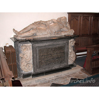St Michael, Theydon Mount Church – Monument 7: The final large monument in the church is to Sir Thomas Smith d.1668, the son of Sir William Smith d.1631. Of black and white marble, with no super-structure. To each side of the inscription can be seen thick angle volutes ending in cherubs' heads. Here lyeth y body of Sr Thomas Smith of Hill Hall in the County of Essex Baronet (Son of Sr William Smith of y same place Knt) He had two wives. Y first Joanna (the daughter of Sr Edward Altham of this County) by her he had Eleven Sons & two Daughters where of nine Sons are yet living. She died July 14th 1658. The second Beatruce (Daughter of y Right Honble Francis Viscount of Valentia) who died March 26, 1668 After he had lived 66 years with great reputation for Loyalty to his Prince & Conformity to the Church of England in Apostate times and served his King & Country in Chiefest places of trust and credit in the County, peaceably departed this life in our Lord Jesus This Monument as a testimony of the true affection of his son Sr Edward Smith Baronet was erected to the memory of his deare Father deceased on the 5th of May 1668