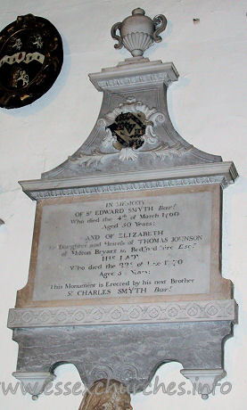 St Michael, Theydon Mount Church – IN MEMORY OF Sr EDWARD SMYTH Barr Who died the 4th of March 1760 Aged 30 Years; AND OF ELIZABETH the Daughter and Heiress of THOMAS JOHNSON of Milton Bryant in Bedfordshire esqr HIS LADY Who died the 22nd of June 1770 Aged 34 Years; This Monument is Erected by his next Brother Sr CHARLES SMYTH Barr