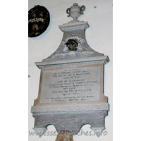 St Michael, Theydon Mount Church – Monument 9: IN MEMORY OF Sr EDWARD SMYTH Barr Who died the 4th of March 1760 Aged 30 Years; AND OF ELIZABETH the Daughter and Heiress of THOMAS JOHNSON of Milton Bryant in Bedfordshire esqr HIS LADY Who died the 22nd of June 1770 Aged 34 Years; This Monument is Erected by his next Brother Sr CHARLES SMYTH Barr