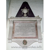 St Michael, Theydon Mount Church – Monument 11: Sir Wm. OB 26th JANry 1777 AEtat 57 Near this Place lie Interr'd the Remains of the Revd Sr William Smyth Bart. Rector of this and Stapleford Tawney Parish, more than twenty two Years. He was a Student of Trinity Hall in Cambridge, And admitted to the Degree of L.L.B. in that University. He was the fifth Son of Sr Edward Smyth Bart. of Hill Hall to whose Title and Estates he Succeeded after the decease of his Brothers, Sr Edward and Sr Charles who both Died without Isue male. He marryed Abigail, Daughter of ANDREW WOOD Esqr, four of whom (Sr William, Elizabeth, Charles & Richard) are still living to lament with their disconsolate Mother, the very heavy loss of so good an Husbandm Father and Friend to whose endearing Memory Lady Smyth hath caused this monument to be erected August 1777. Honeste vizit neminem laesit suum cuique tribuit, [???] go Reader and do likewise. ABIGAIL his lady died the 28th? of February 1787. Aged 71?
