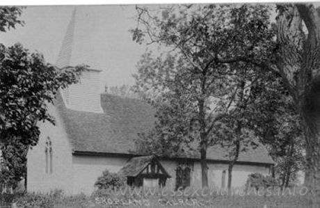 St Mary, Shopland Church – This church consisted of a Norman nave and chancel, with a weatherboarded belfry. The chancel was built early C14. The font from St Mary's can now be found at St Nicholas, Canewdon, whilst the south porch still stands outside St Thomas, Bradwell-on-Sea. Many thanks to Andy Barham for supplying this image. You can visit Andy's "Lost Churches of Essex" site by clicking here.
