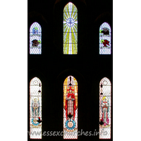 All Saints, Southend-on-Sea Church – Stained Glass 2: The E window. Two tiers of lancets - the upper tier stepped.