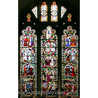 St Margaret of Antioch, Margaretting Church – Stained Glass 1: From Pevsner "In the three-light E window the Tree of Jesse, much restored, yet impressive as a complete C15 composition : four medallions with two figures each in the side lights, Jesse, three medallions, and the seated virgin in the centre light."