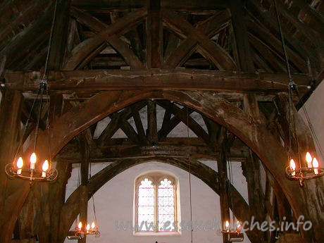 St Giles, Mountnessing Church – A view of the belfry interior, which stands as an independent timber structure.