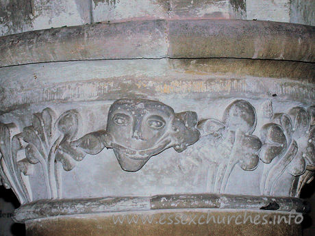 St Giles, Mountnessing Church – Pevsner mentions that the capitals are moulded, except for one, which he says is enriched by stiff leaf. He seems to have missed the unusual figure completely!