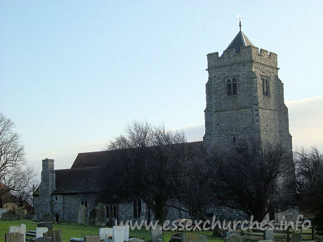 All Saints, Rettendon Church – The Kentish Rag tower is diagonally buttressed. It has a low pyramid roof, a SE stair turret and is embattled. Image reproduced by kind permission of Julie Archer.