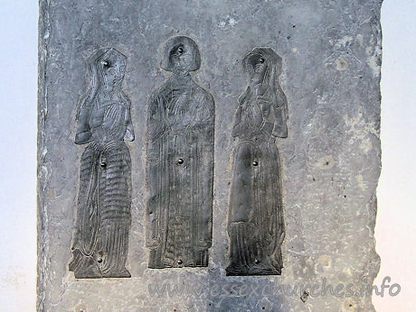 All Saints, Rettendon Church – Brass of c1535, with a civilian and two wives. Sadly, the children mentioned in "Essex Churches and Chapels" no longer seem to be present, something that has perhaps necessitated the unsightly fixings now used to retain these brasses. Image reproduced by kind permission of Julie Archer.