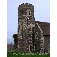 St Nicholas, South Ockendon Church – Exterior 3: The top stage of the tower was rebuilt during the 1866 restoration. The lower stage is the original C13 construction.