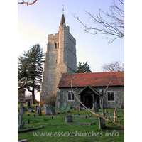 St Mary, Runwell Church – Exterior 2: The W tower is constructed from Kentish ragstone. It is diagonally buttressed, and has a round stair turret. St Mary's as a whole is basically late fourteenth century.
