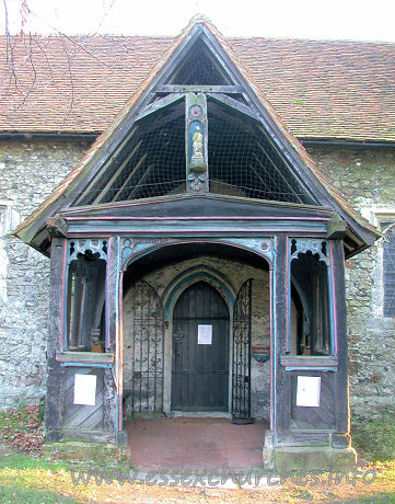 St Mary, Runwell Church – The N porch, seen here, has many interesting features. The most prominent, though, being the result of a rector in the 1930s, who was rather fond of painting.