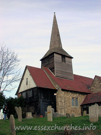 St Nicholas, Laindon Church – This view from the SW shows the Priest's House in relation to the rest of the church.
